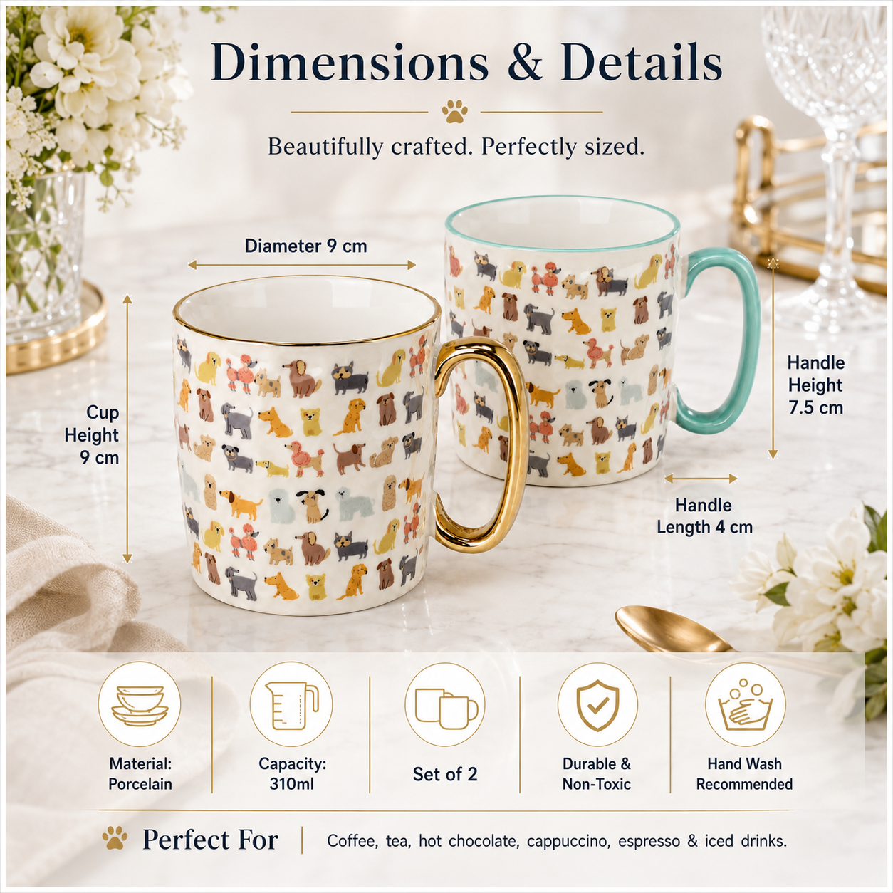 Classic Animal-Print Porcelain Mug Set of 2 –310ml - Hot and Cold Drinkware