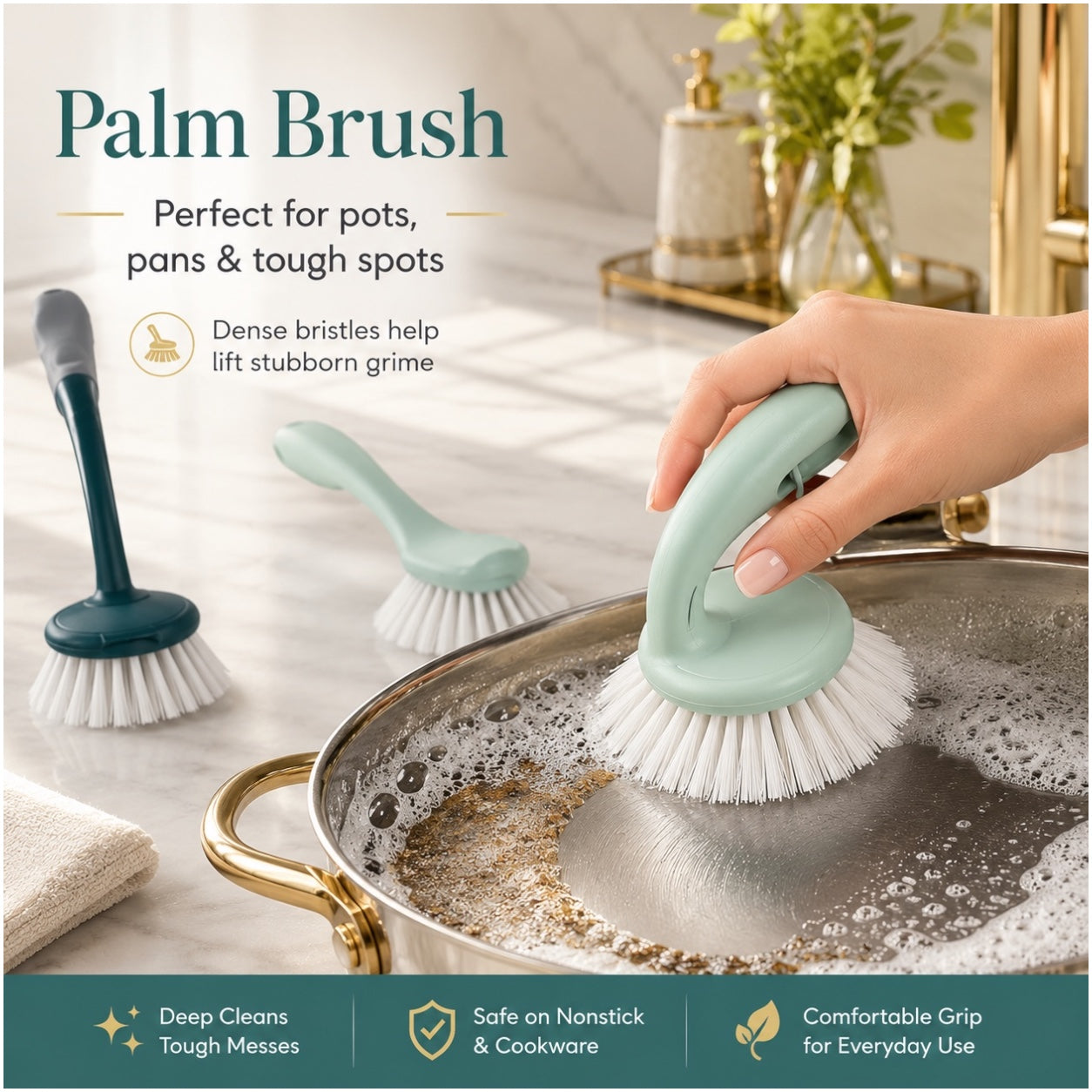 Essential 3 Piece Dish Brush Set with Palm Brush and Glass Cleaning Brush