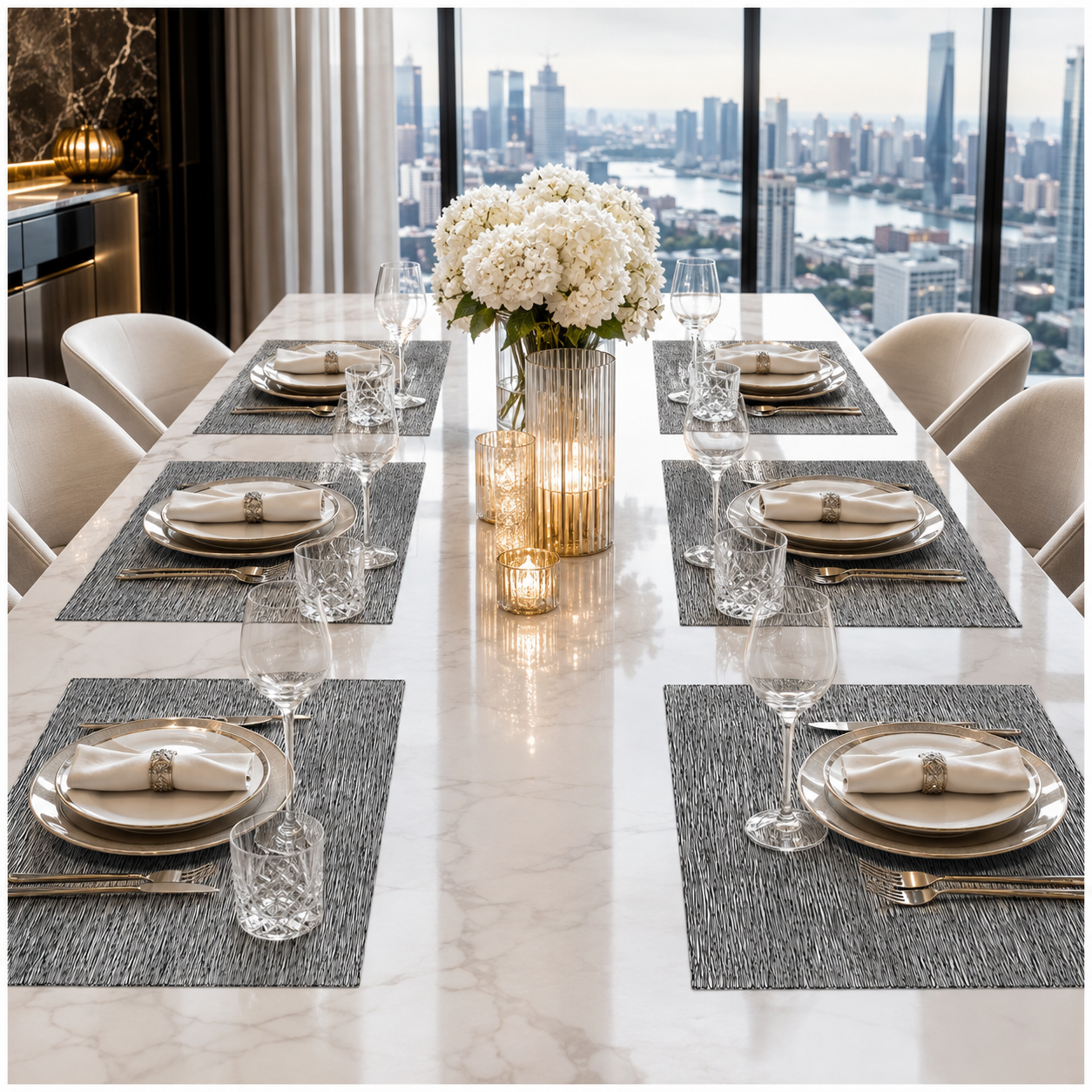 6-Piece Reversible Black Textured Waterproof Placemats – Dining Table Mats