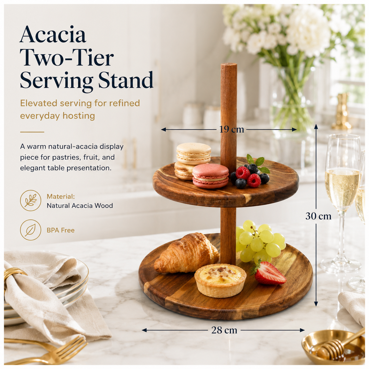 Natural Acacia 2-Tier Round Serving Platter - Wooden Display Stand - 28cm
