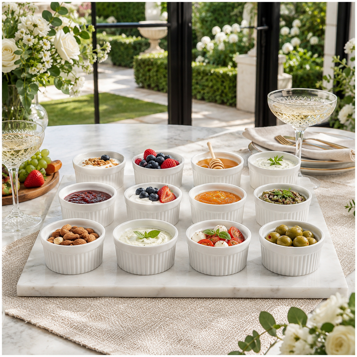 White Porcelain Ramekins Set of 12–Classic Ribbed Dessert and Baking Bowls