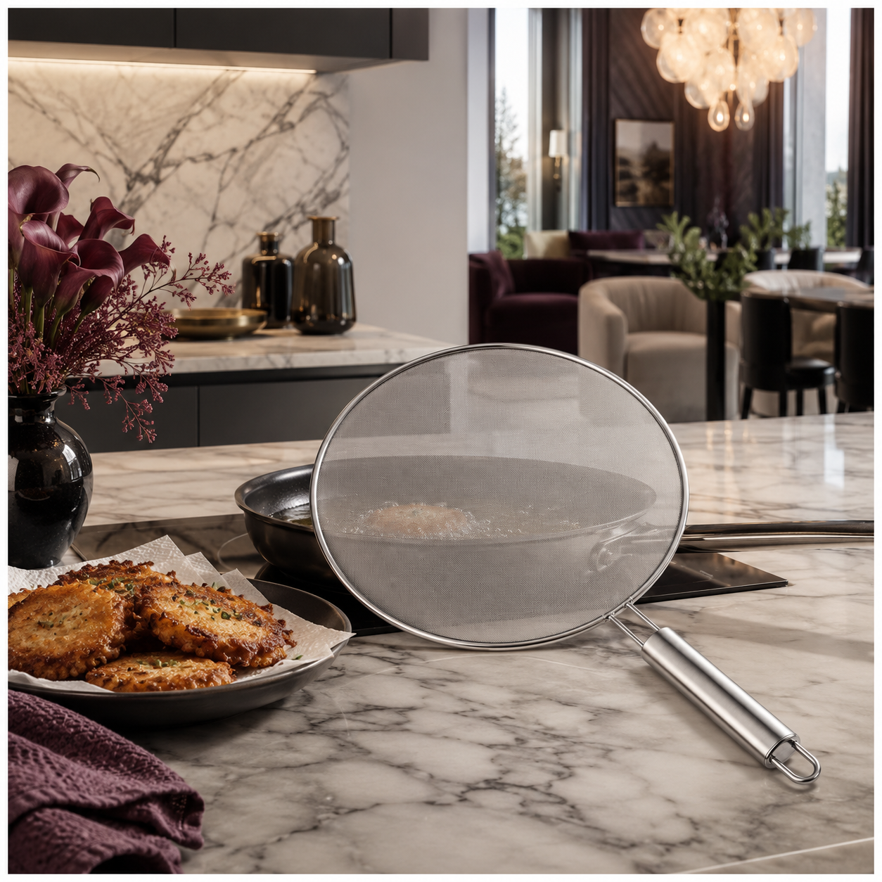 Stainless Steel Splatter Screen with Easy-Grip Handle – 33cm