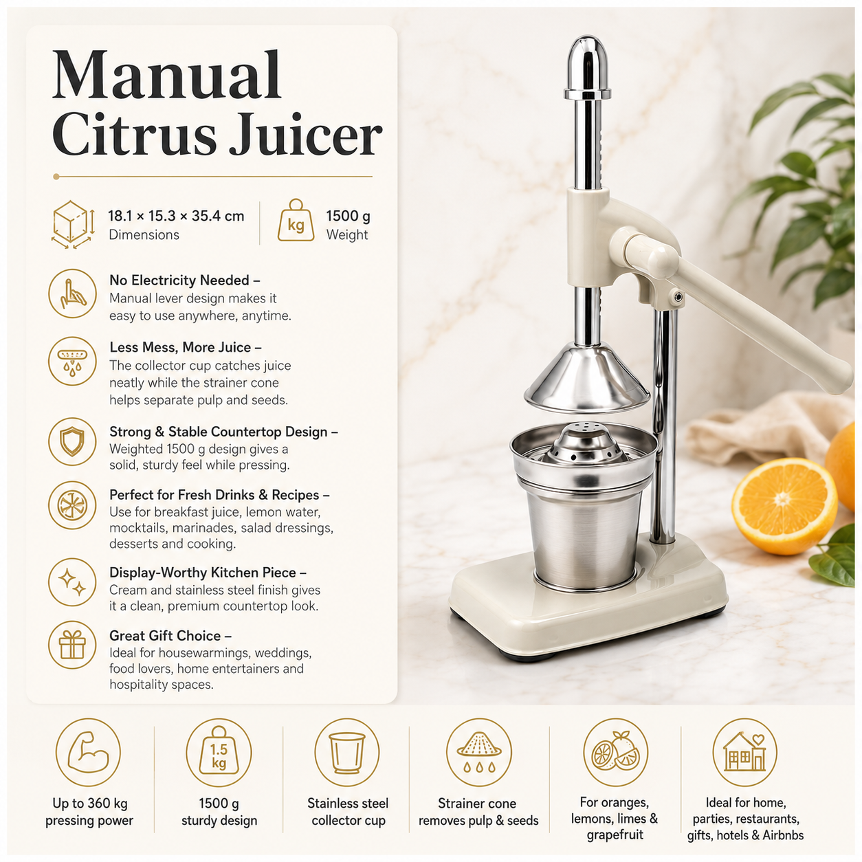 Manual Citrus Juicer- Lever Arm Juice Press with Stainless Steel Cup- 35 CM