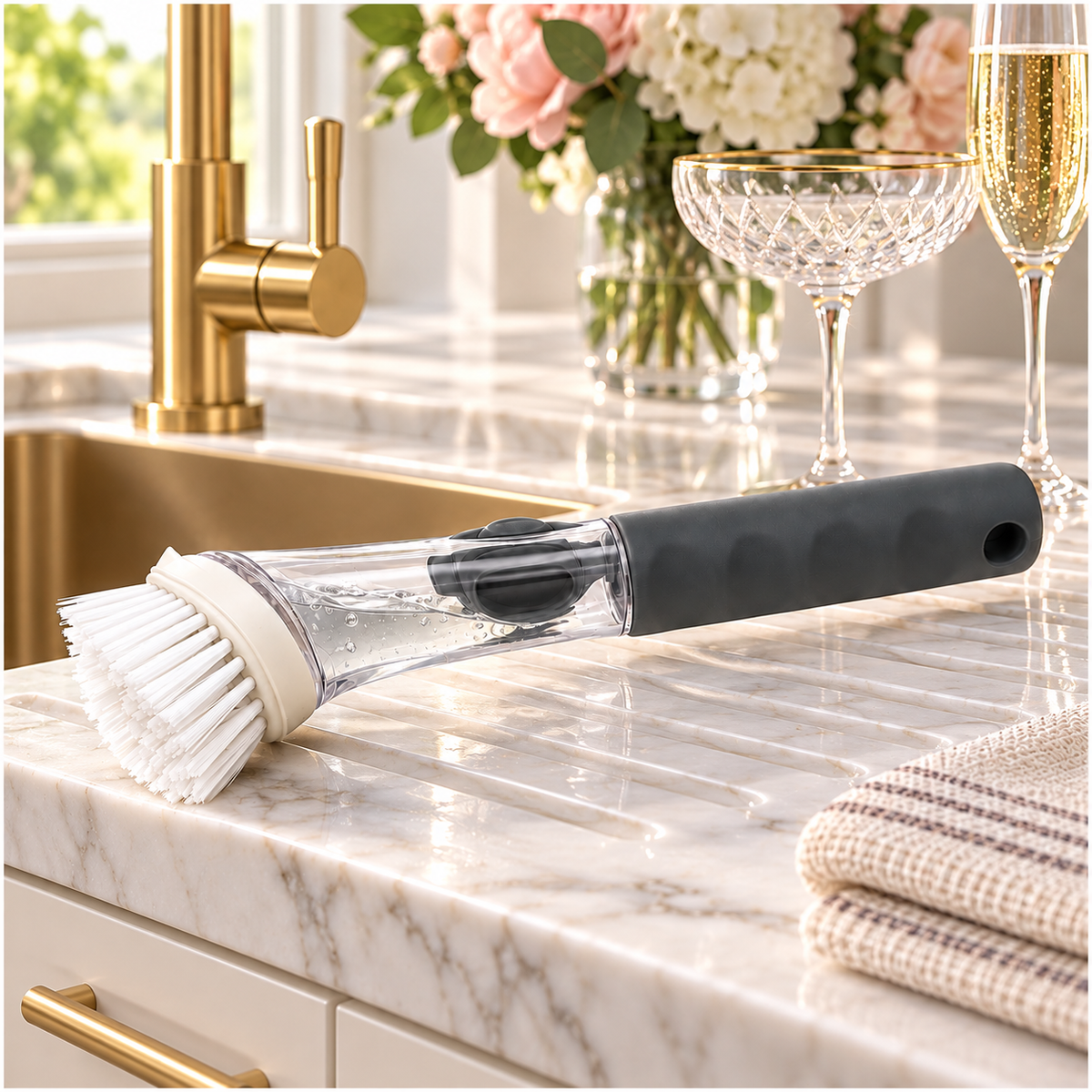 Essential Soap-Dispensing Dish Brush with Soft-Grip Handle – Grey