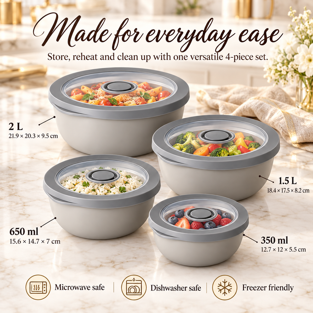 Airtight Round Food Storage Container Set of 4 – Grey, Clear Lids, BPA-Free