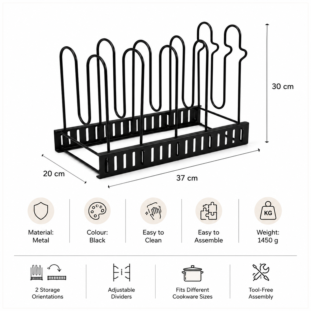Essential Black Metal Adjustable Cookware Storage Rack-Cookware Organizer