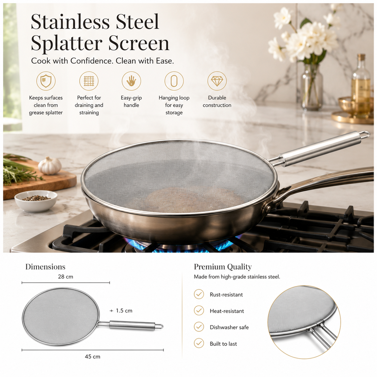 Essential 28cm Stainless Steel Splatter Screen with Easy-Grip Handle