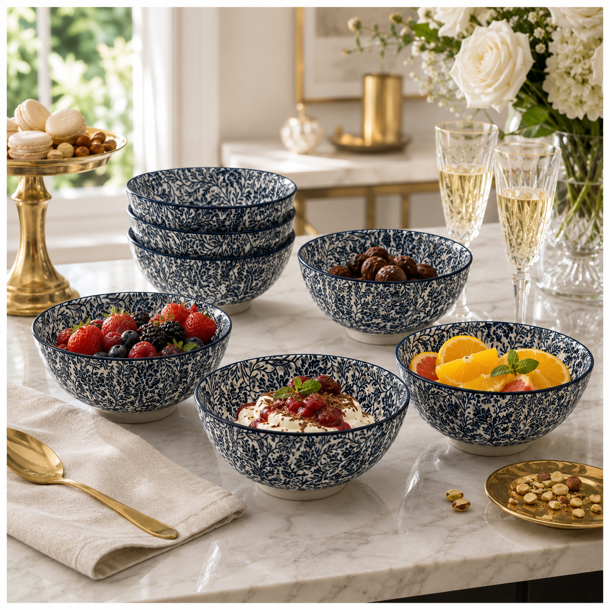 Elegant 8-Piece Blue Floral Porcelain Bowl Set – 13 cm