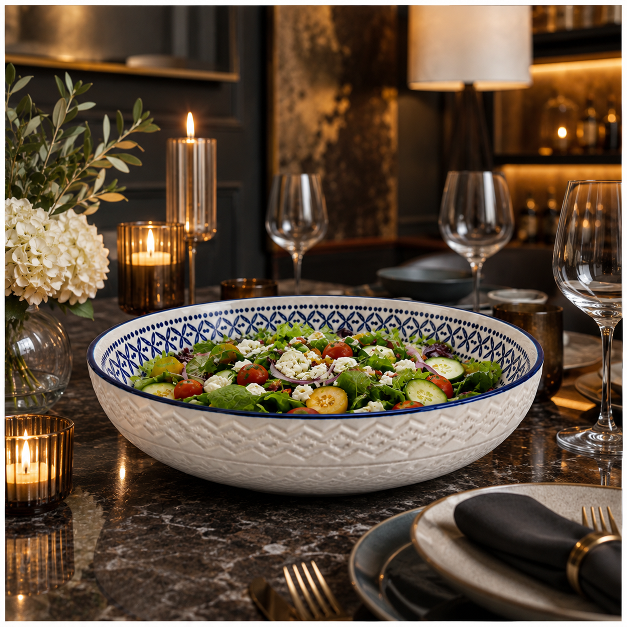 Luxury Large Ceramic Salad Serving Bowl 31cm–Navy and White -Floral Design