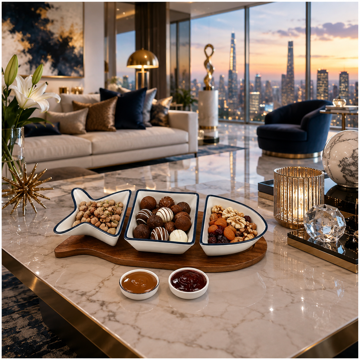 Beautiful Ceramic Fish-Shaped 4-Piece Snack Platter Wooden Acacia Tray