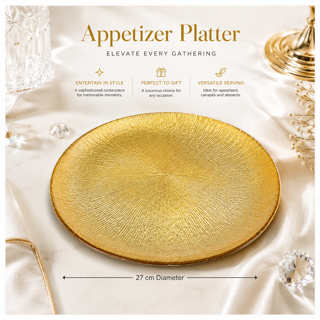 Elegant Gold Sunburst Glass Dessert and Appetizer Platter – 27cm