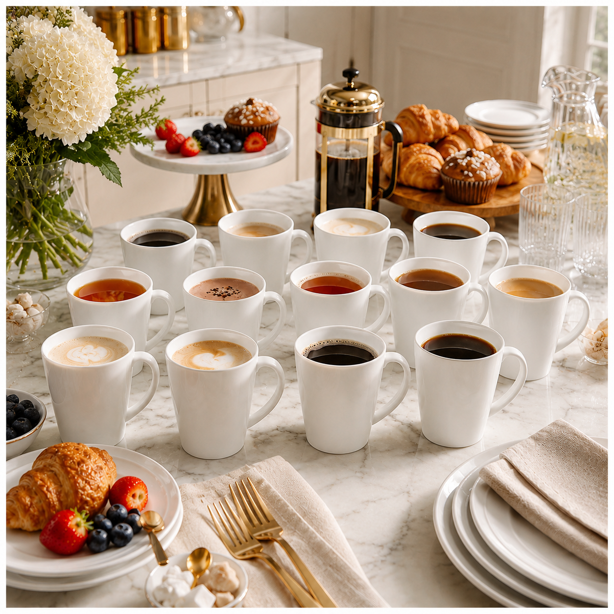 Essential 12-Piece White Fine Porcelain Coffee and Tea Mug Set