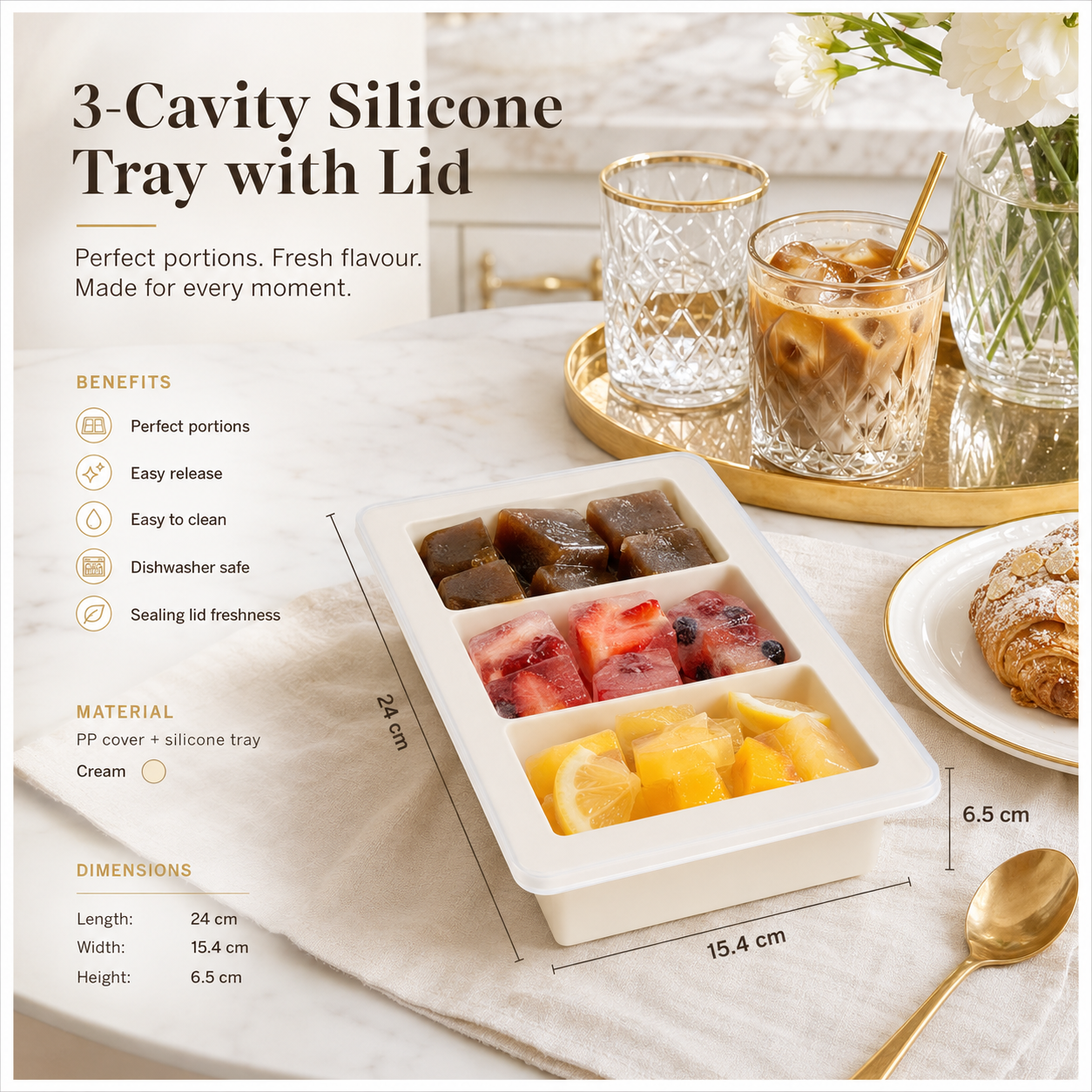 3-Cavity Silicone Ice Cube Tray with Sealing Lid – Cream - 24 cm