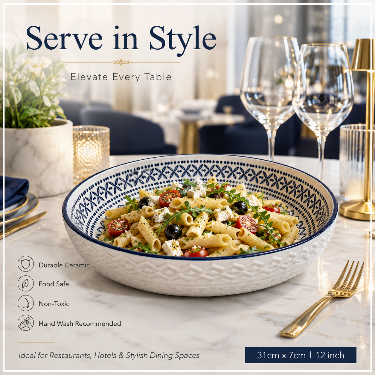 Luxury Large Ceramic Salad Serving Bowl 31cm–Navy and White -Floral Design