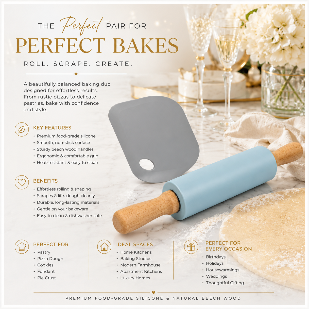 A stylish baking set made for rolling, shaping, lifting and scraping