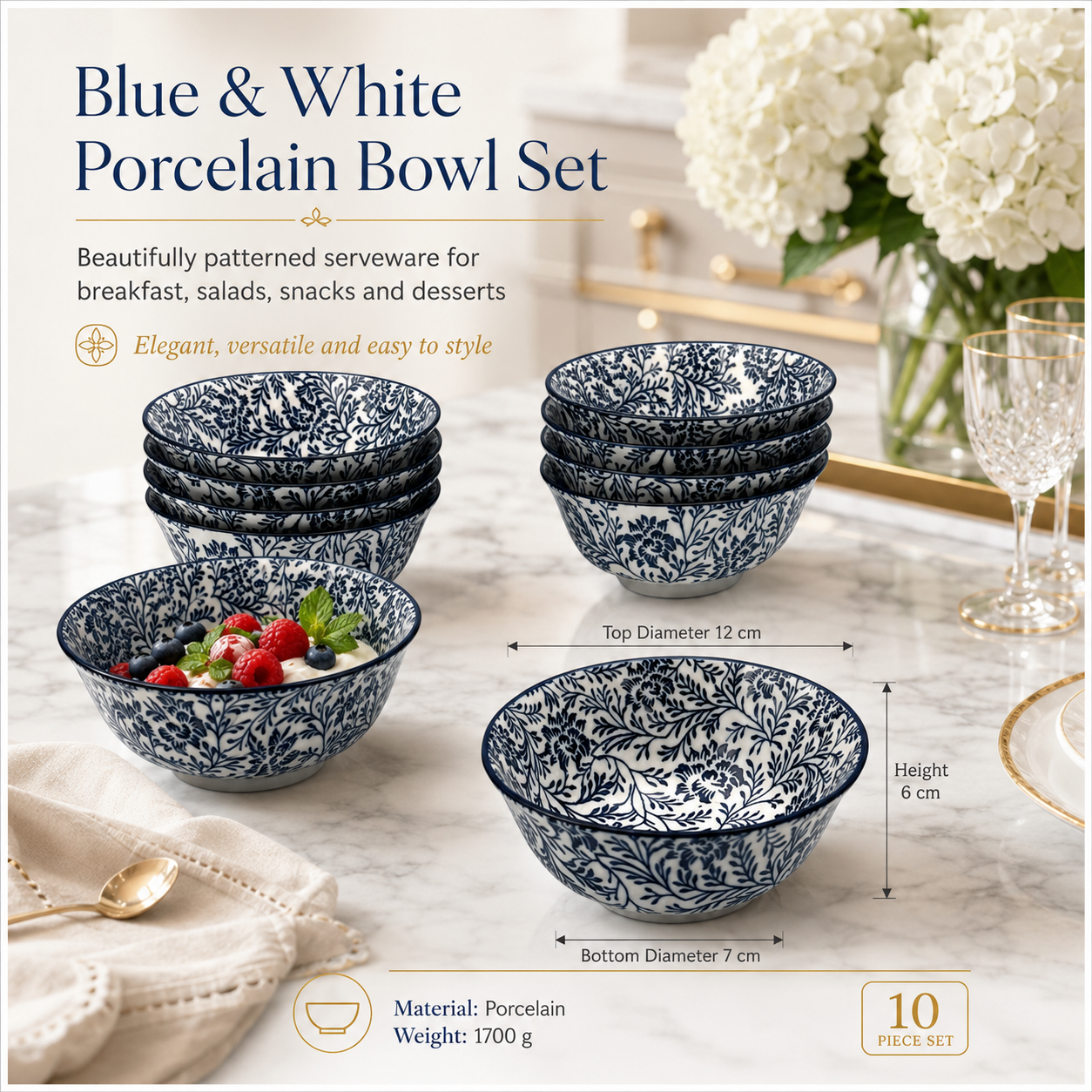 Elegant 10-Piece Blue White Porcelain Bowl Set - Beautiful Floral Serveware
