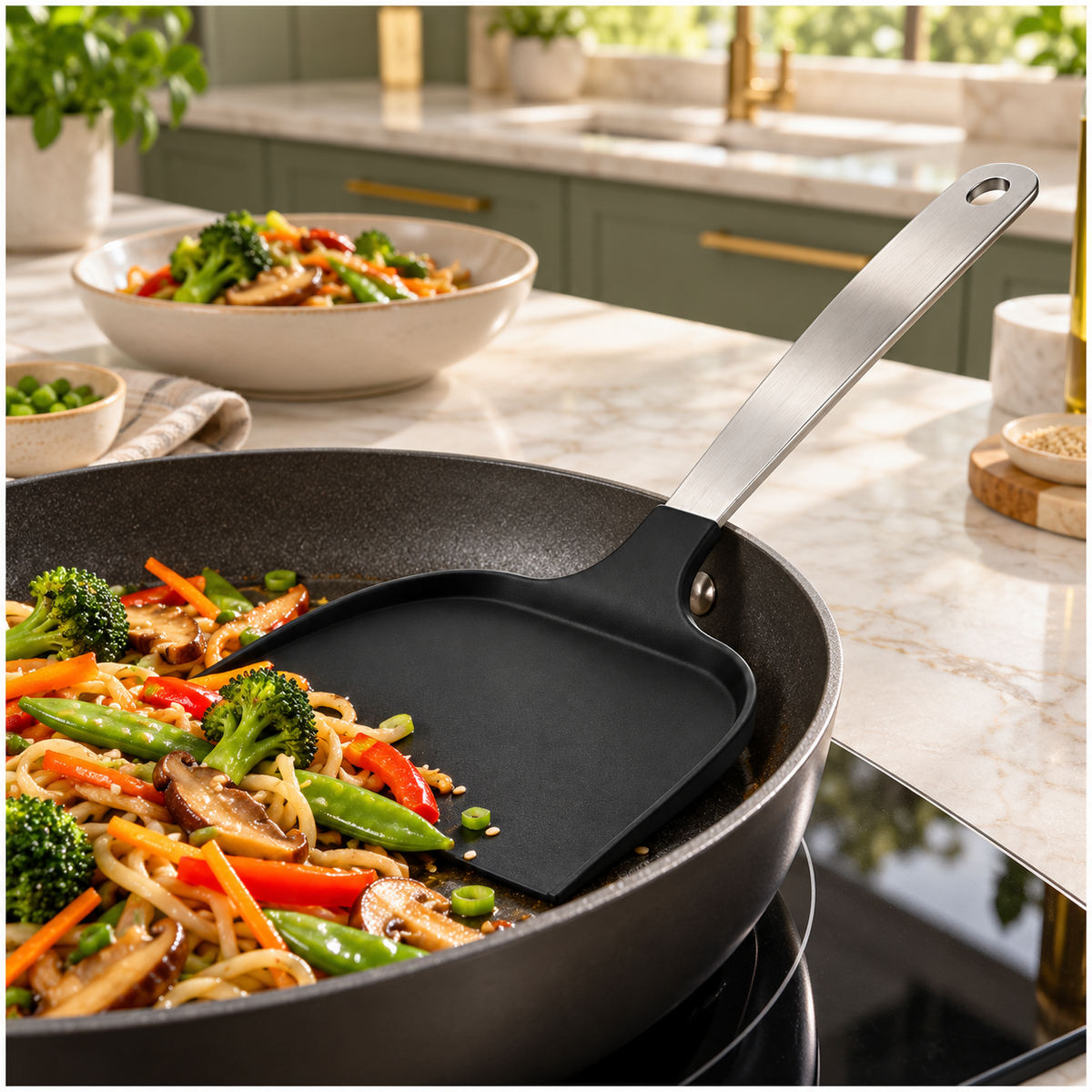 Wide Pancake Turner Spatula–Flexible Head and Stainless Steel Handle, 32 cm