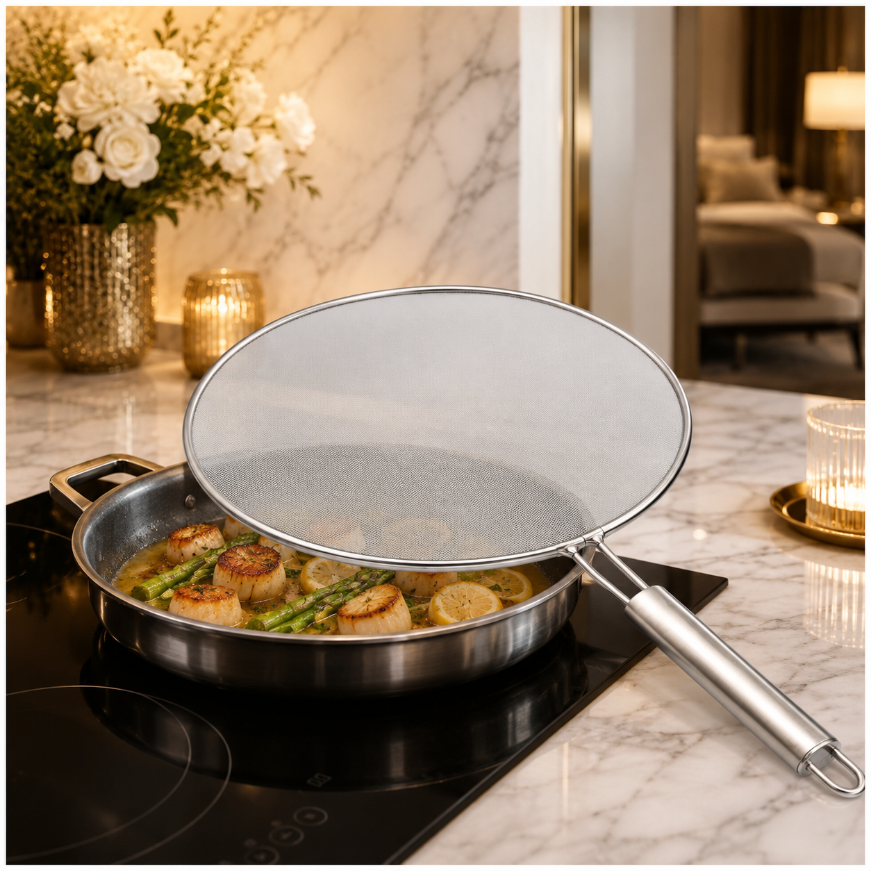 Stainless Steel Splatter Screen with Easy-Grip Handle – 33cm