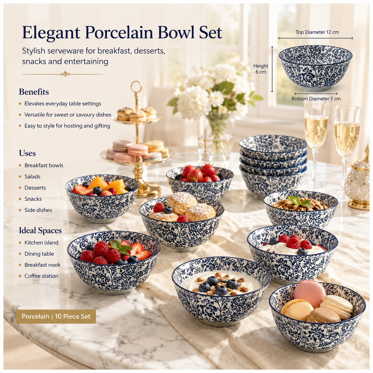 Elegant 10-Piece Blue White Porcelain Bowl Set - Beautiful Floral Serveware