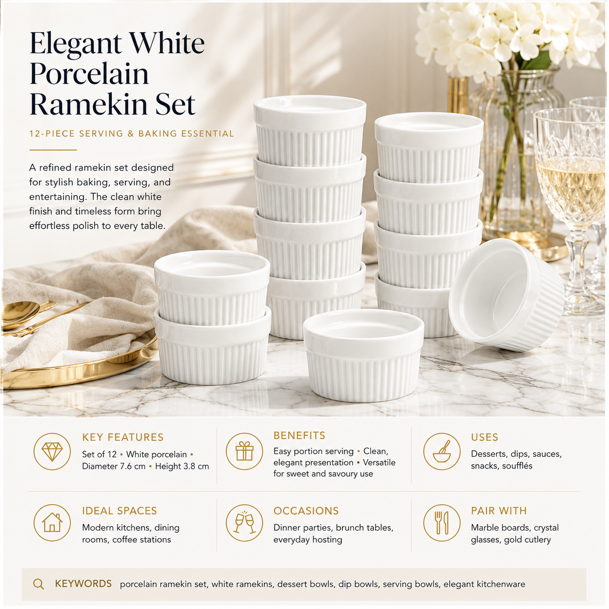 White Porcelain Ramekins Set of 12–Classic Ribbed Dessert and Baking Bowls