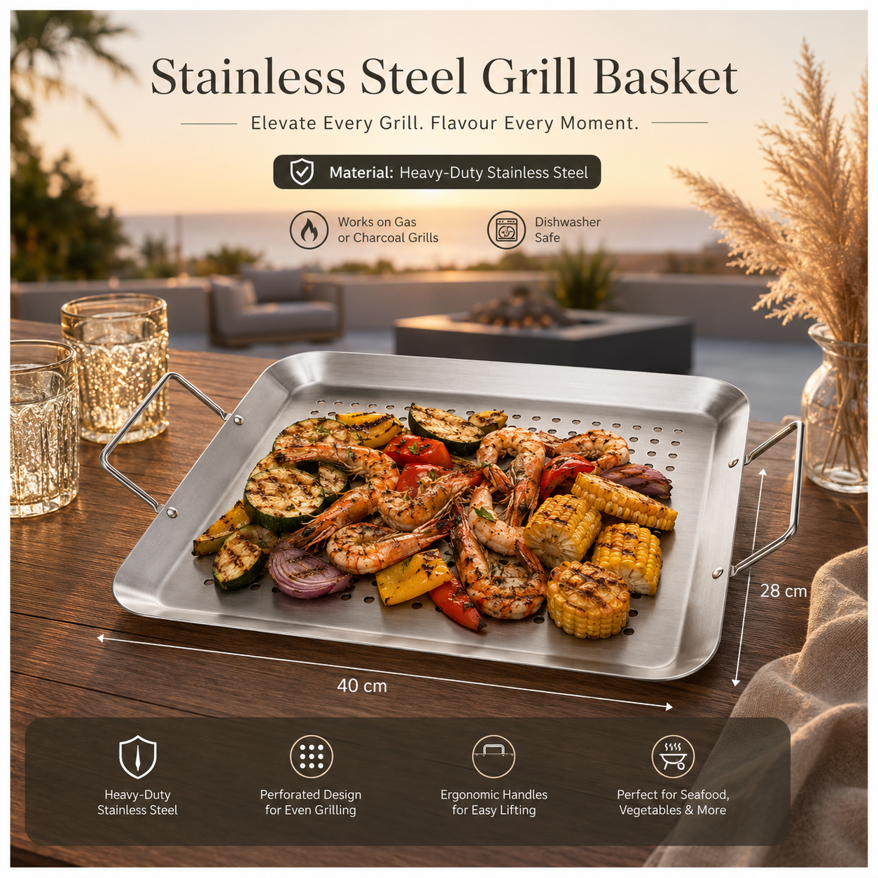 Heavy-Duty Stainless Steel Grill Basket with Handles for Braais – 40 x 28cm