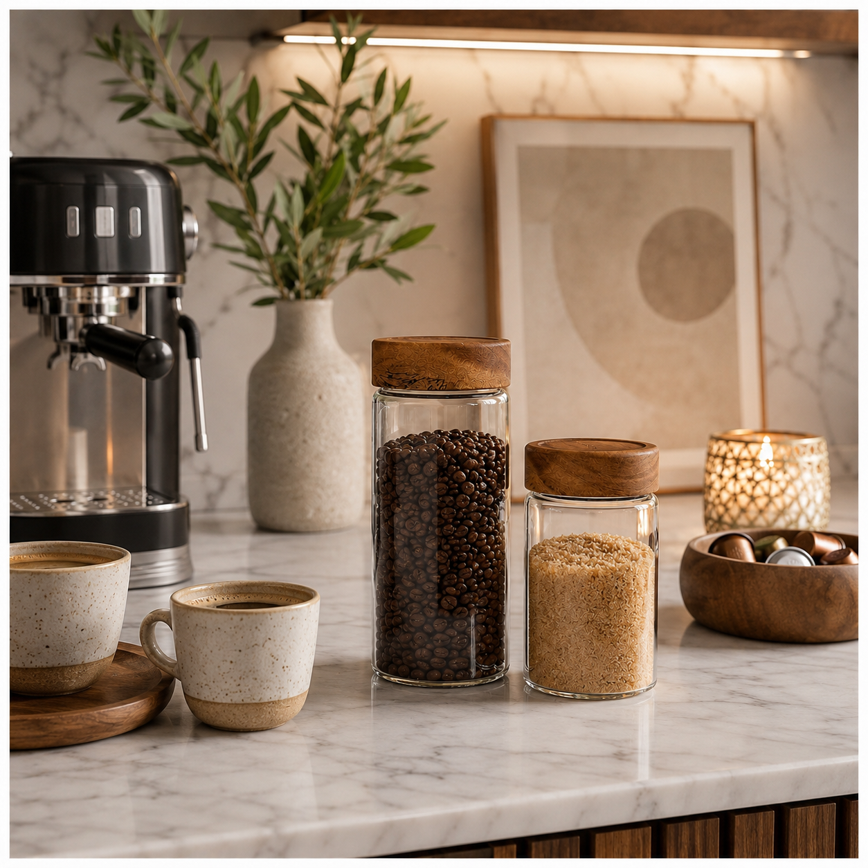 2-Piece Glass Storage Jar Set with Solid Acacia Wood Lids – 580ml and 500ml