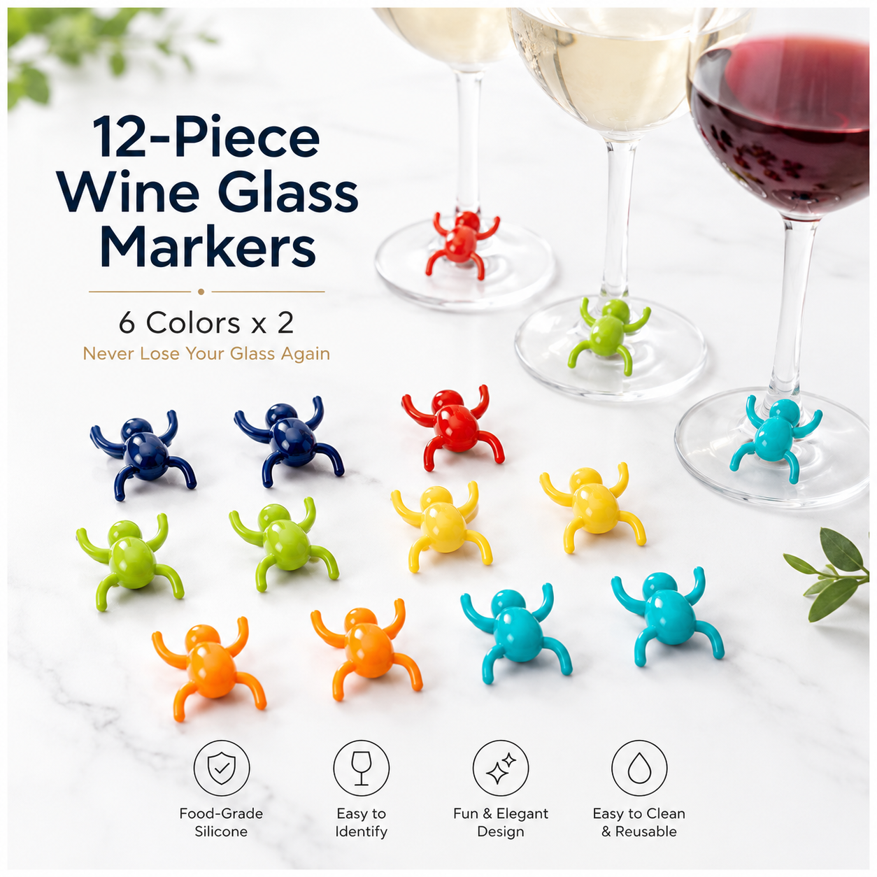Charming 12-Piece Silicone Spider Wine Glass Marker Set - Multicolour
