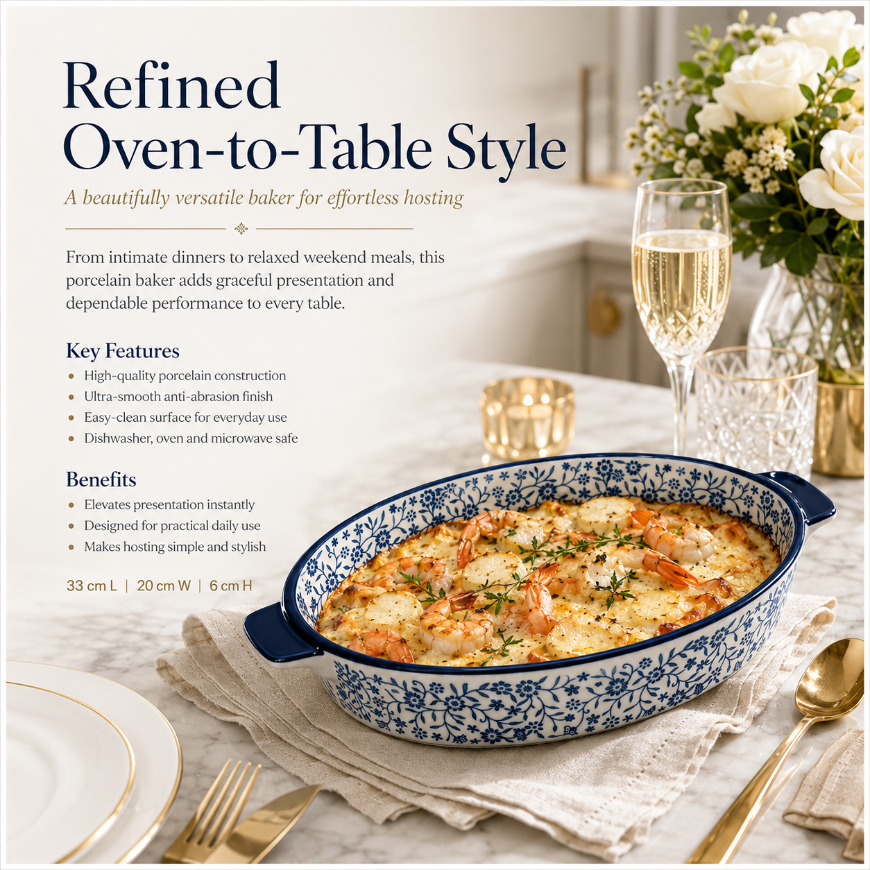 33cm Blue Floral Porcelain Oval Baking Dish with Handles