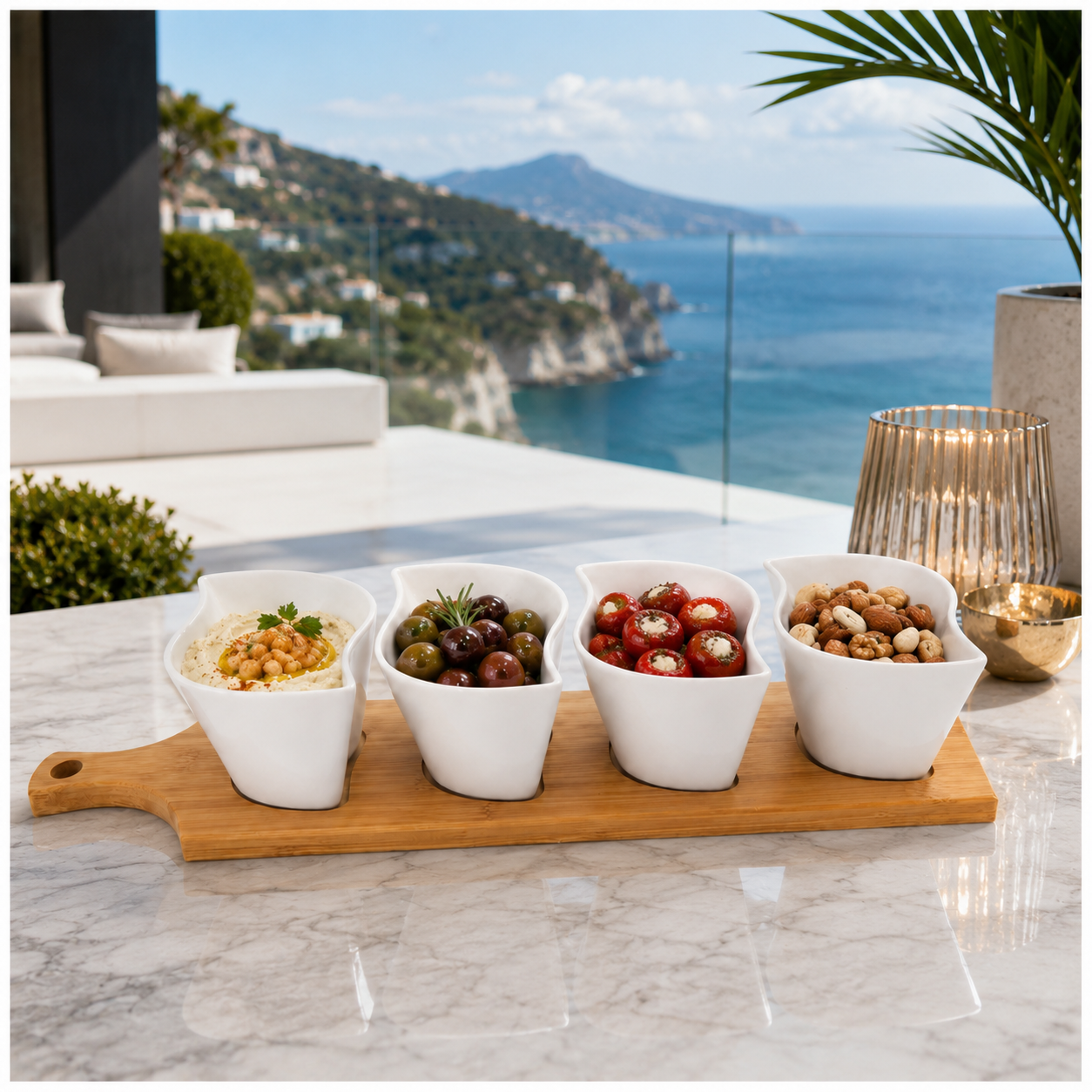 Elegant Ceramic Dipping Bowl Set with Bamboo Serving Paddle Board –