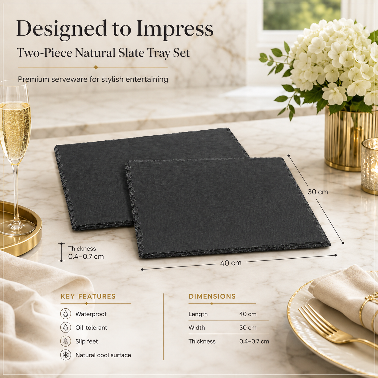 Elegant Two-Piece Natural Stone- Slate Serving Tray Set – 40 x 30cm