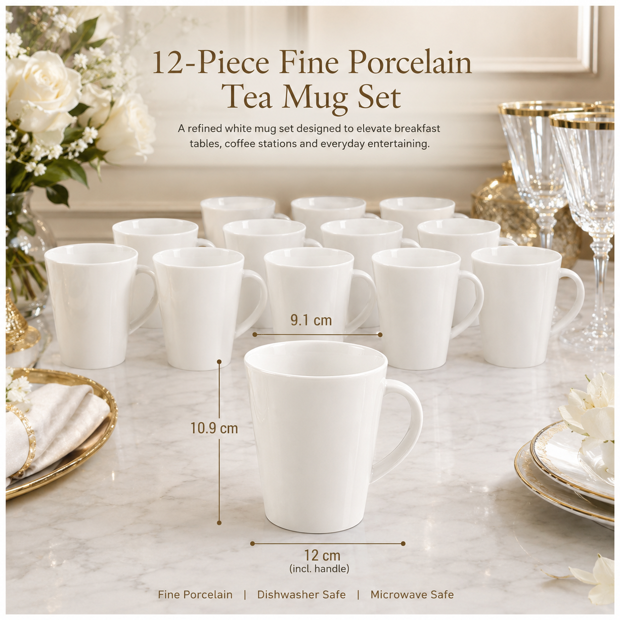 Essential 12-Piece White Fine Porcelain Coffee and Tea Mug Set
