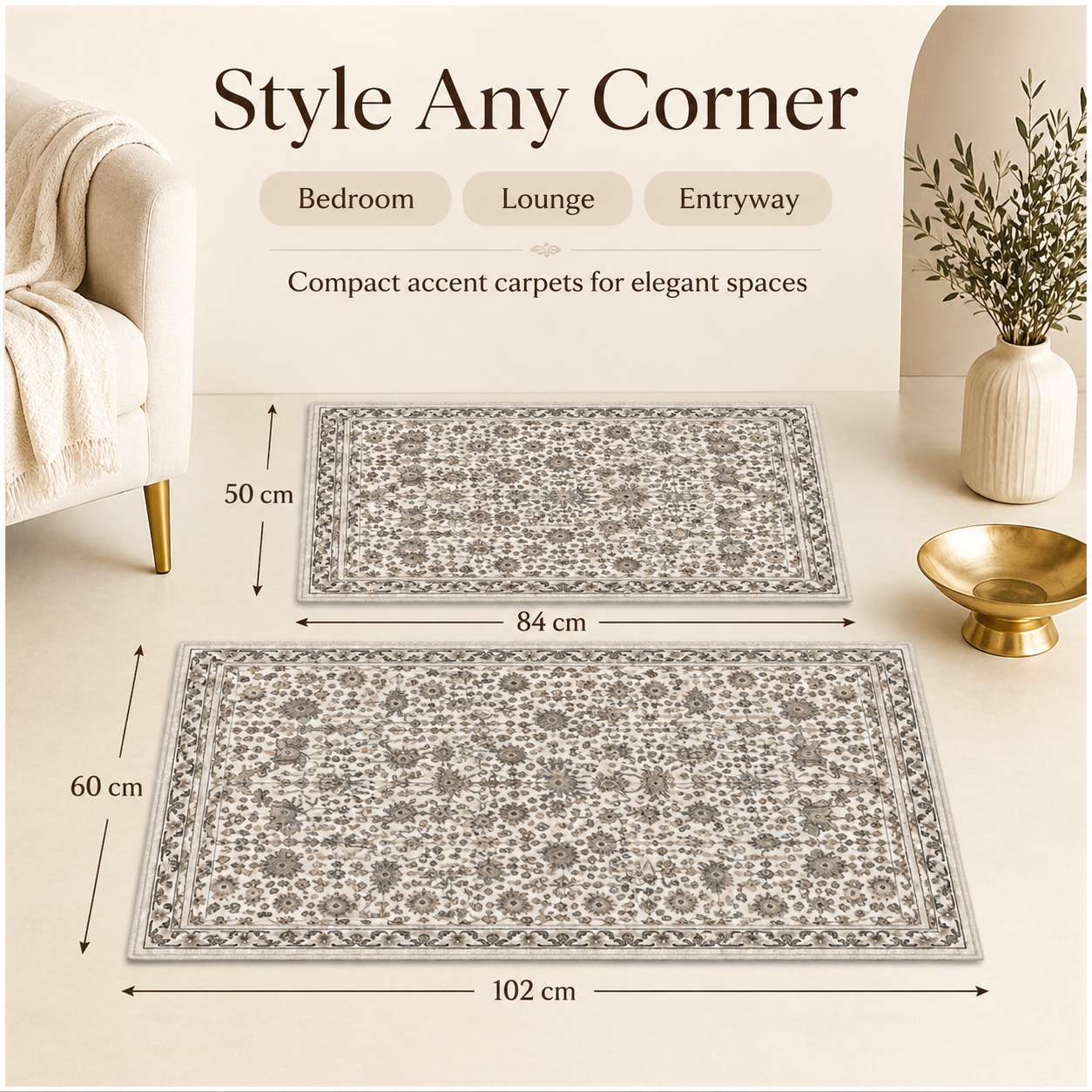 2-Piece Accent Persian Carpet Set–Charcoal Grey and Ivory-50x84cm-60x102 cm