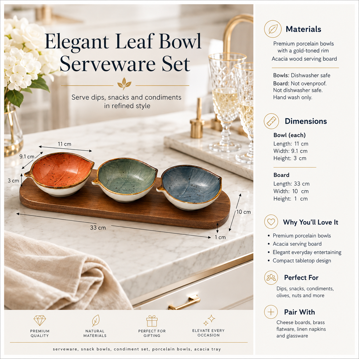 Elegant 4-Piece Leaf Bowl Serveware Bowls Set With Acacia Board - 33 cm