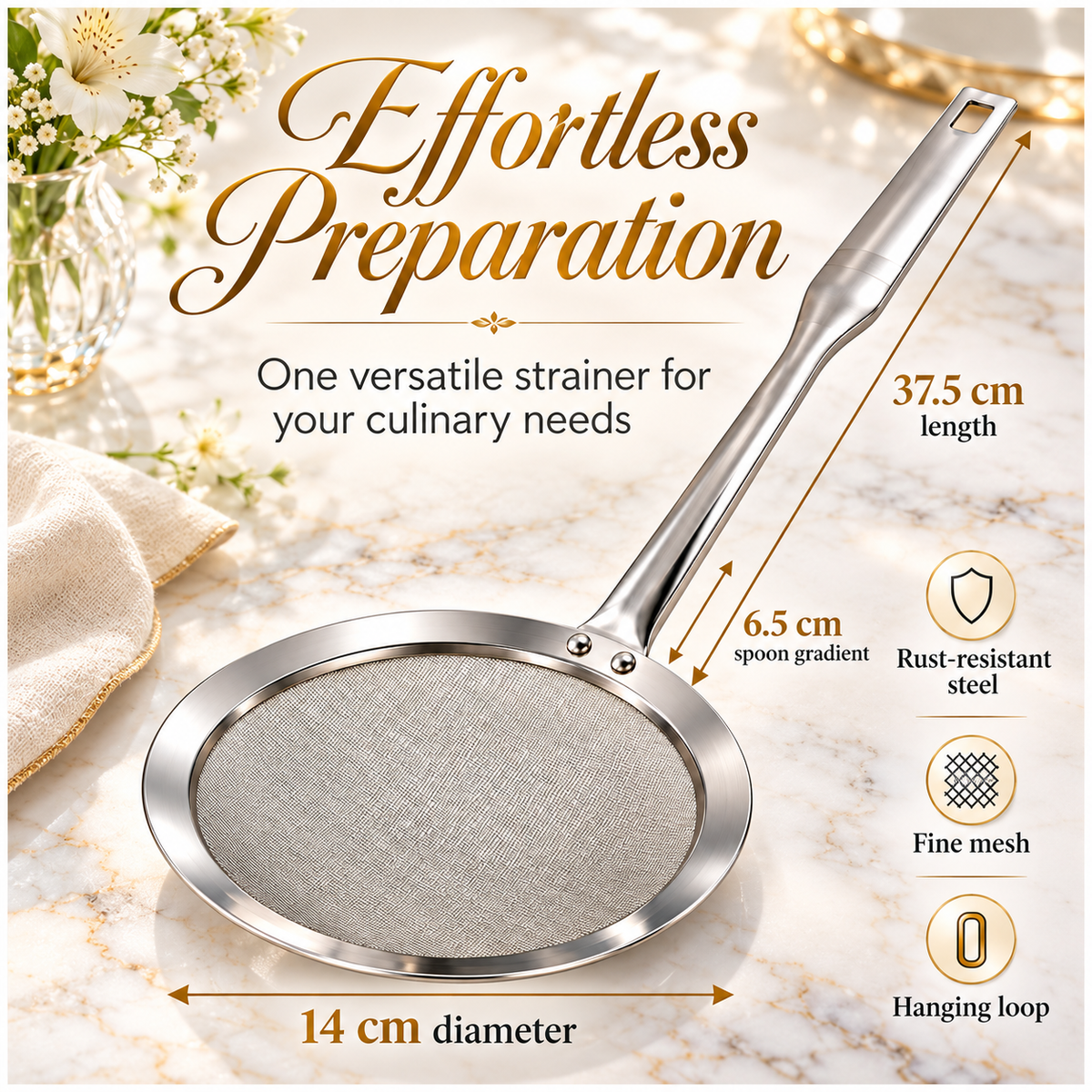 Stainless Steel Fine Mesh Strain Skimmer with Long Flat Handle – Silver