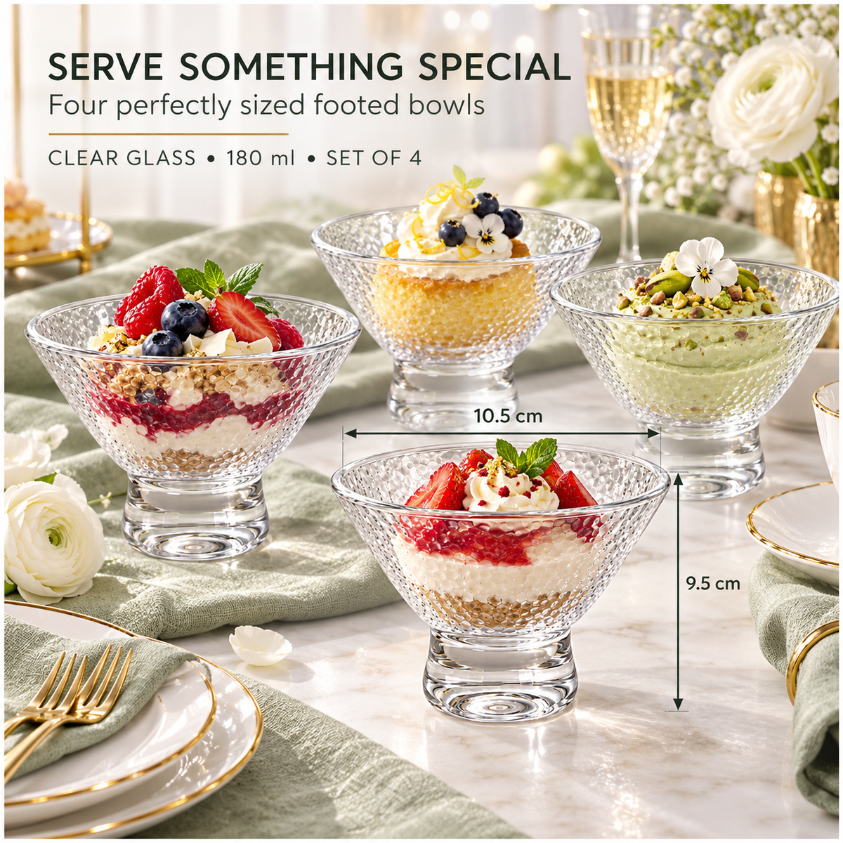 Elegant Glass Footed Dessert Bowls 180ml – Clear Textured Set of 4