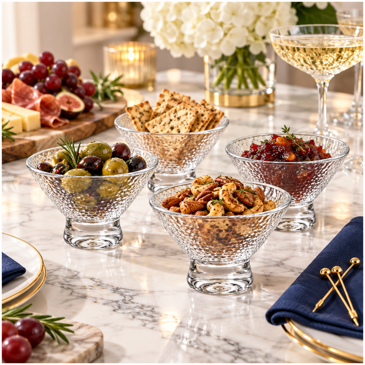 Elegant Glass Footed Dessert Bowls 180ml – Clear Textured Set of 4