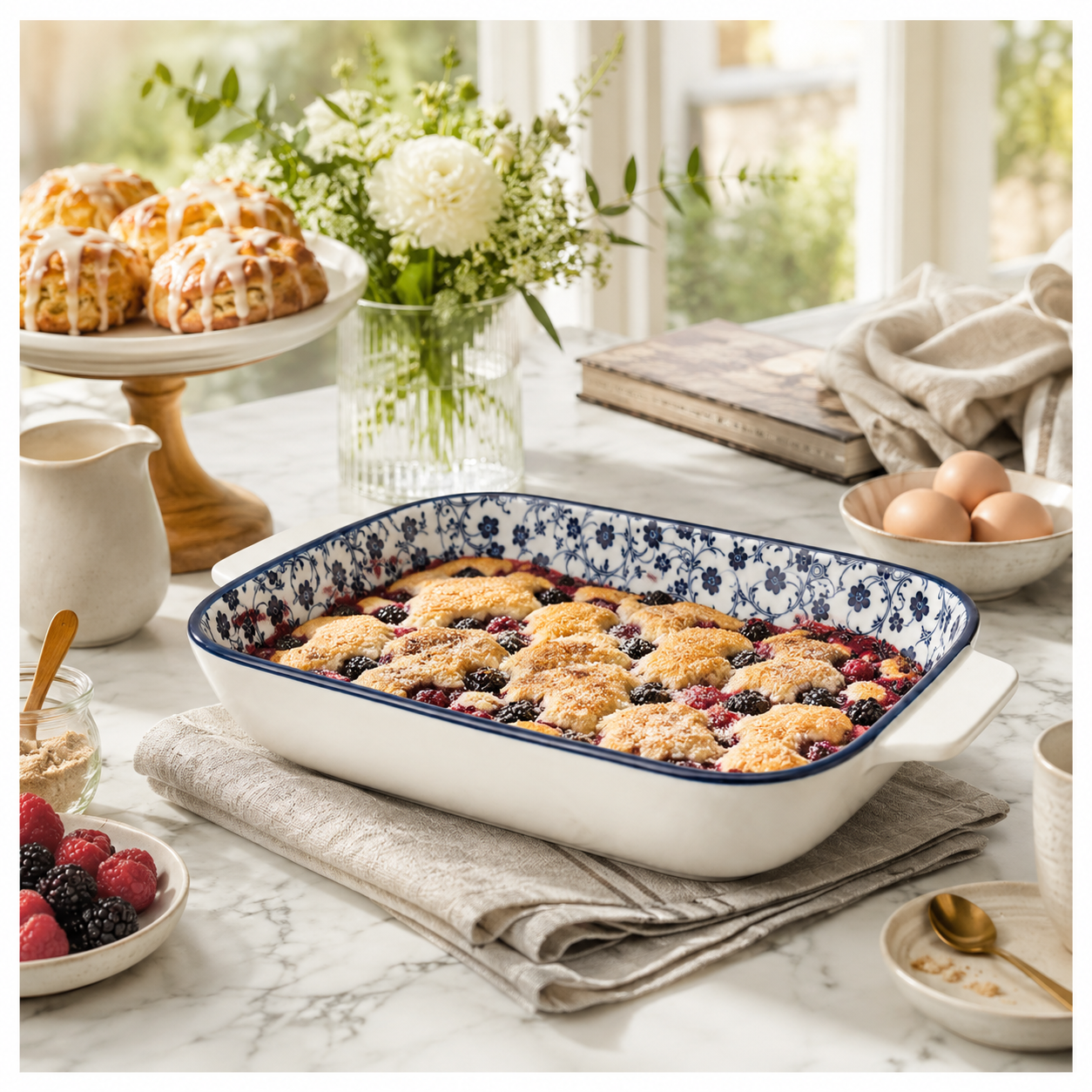 Elegant Navy Floral Ceramic Casserole Dish – 27.4cm - Blue and White