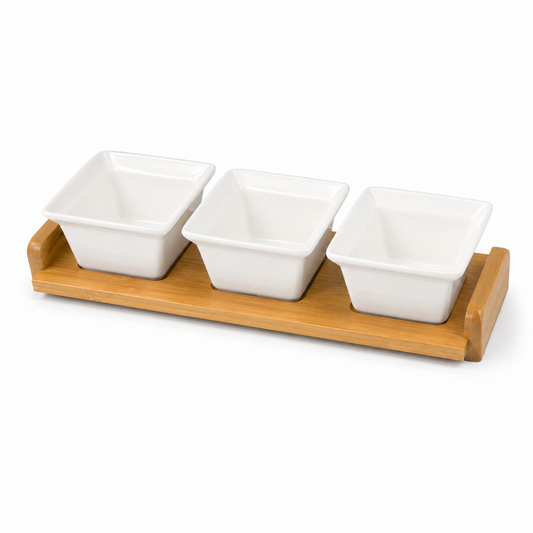 Elegant 4-Piece Ceramic Snack Serving Bowls with Bamboo Tray- 33 x 12 cm