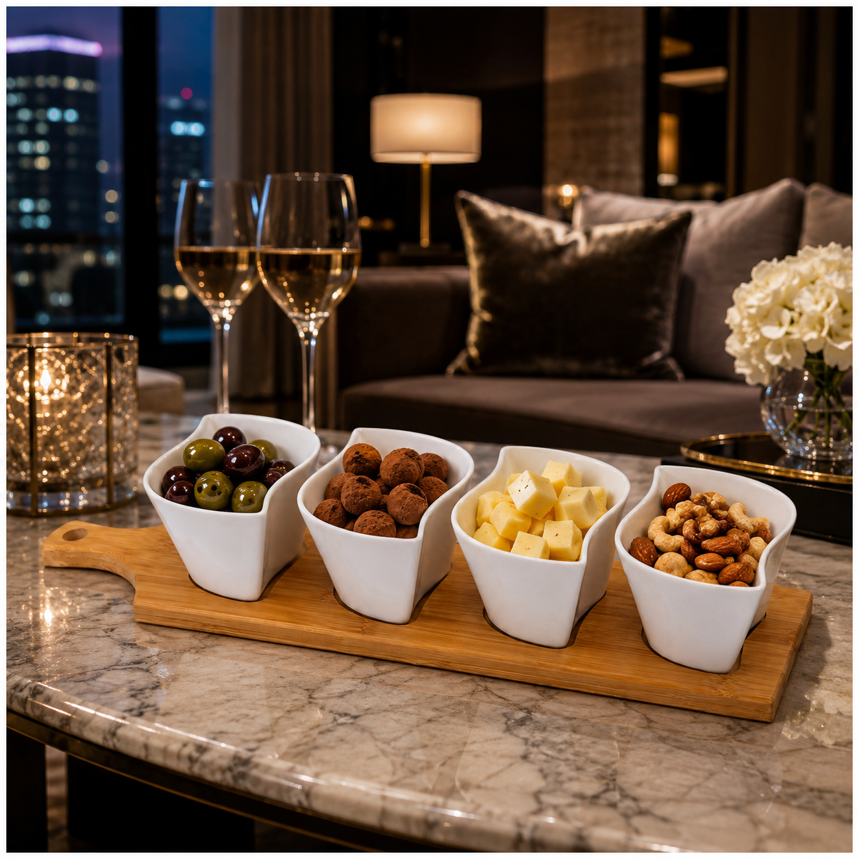 Elegant Ceramic Dipping Bowl Set with Bamboo Serving Paddle Board –