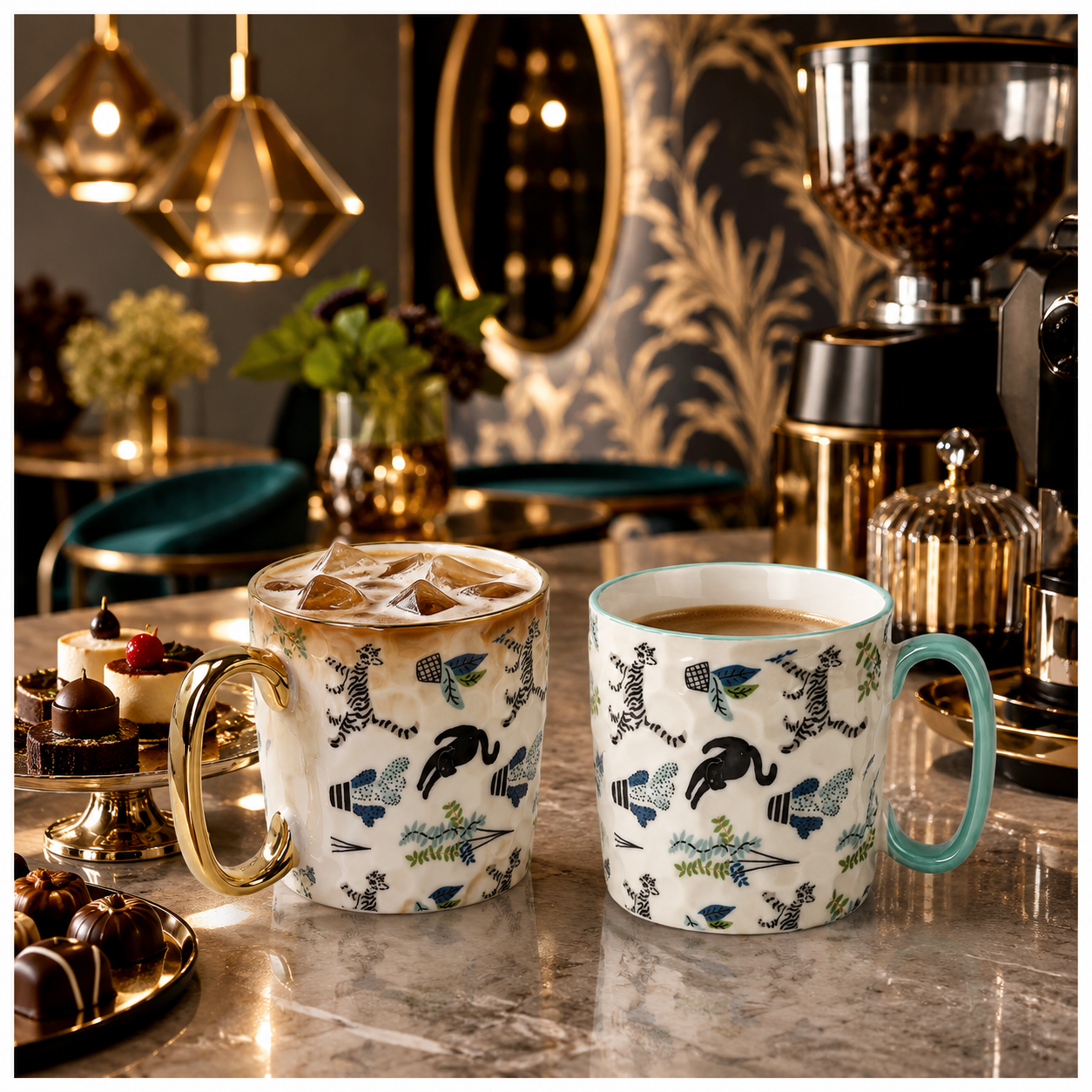 2-Piece Textured Porcelain Coffee Mug Set – 310ml Floral Cat Design