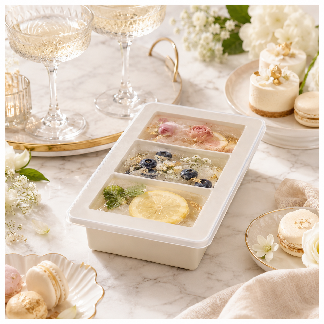 3-Cavity Silicone Ice Cube Tray with Sealing Lid – Cream - 24 cm