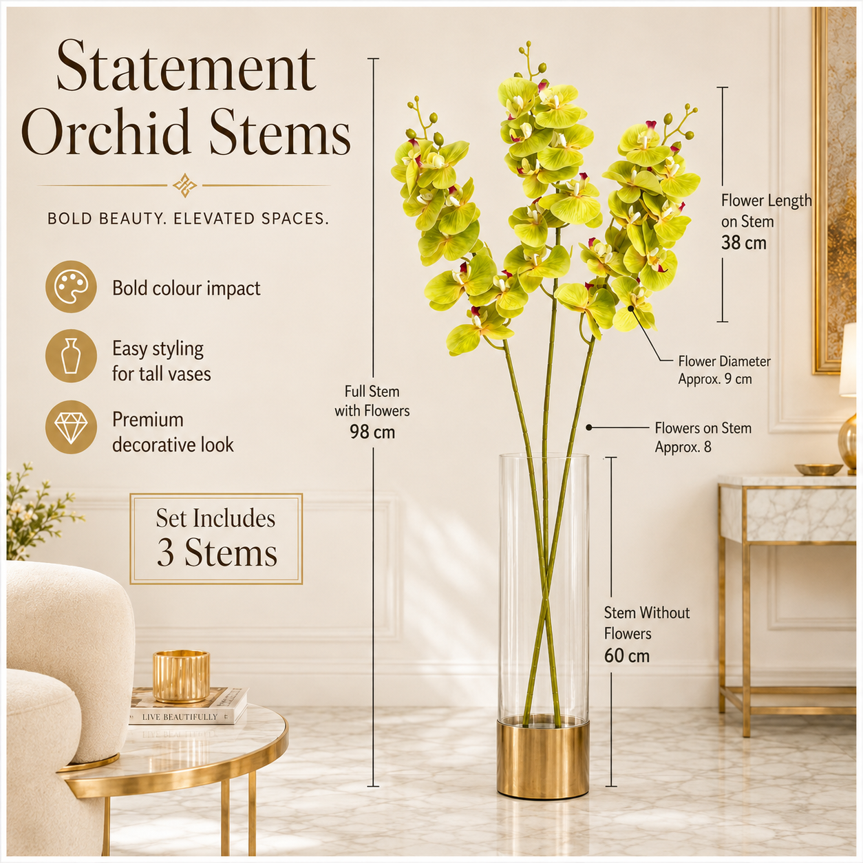 3-Piece Elegant Orchid Flower Stem Set – 98cm Tall, Modern Floral set
