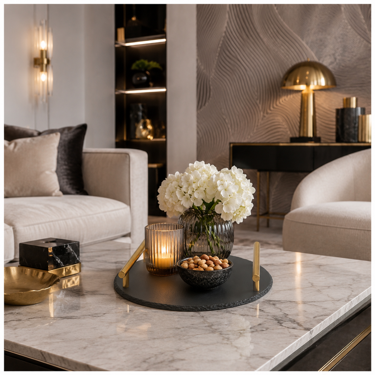 Midnight Slate Round Serving Tray With Metallic Gold Handles