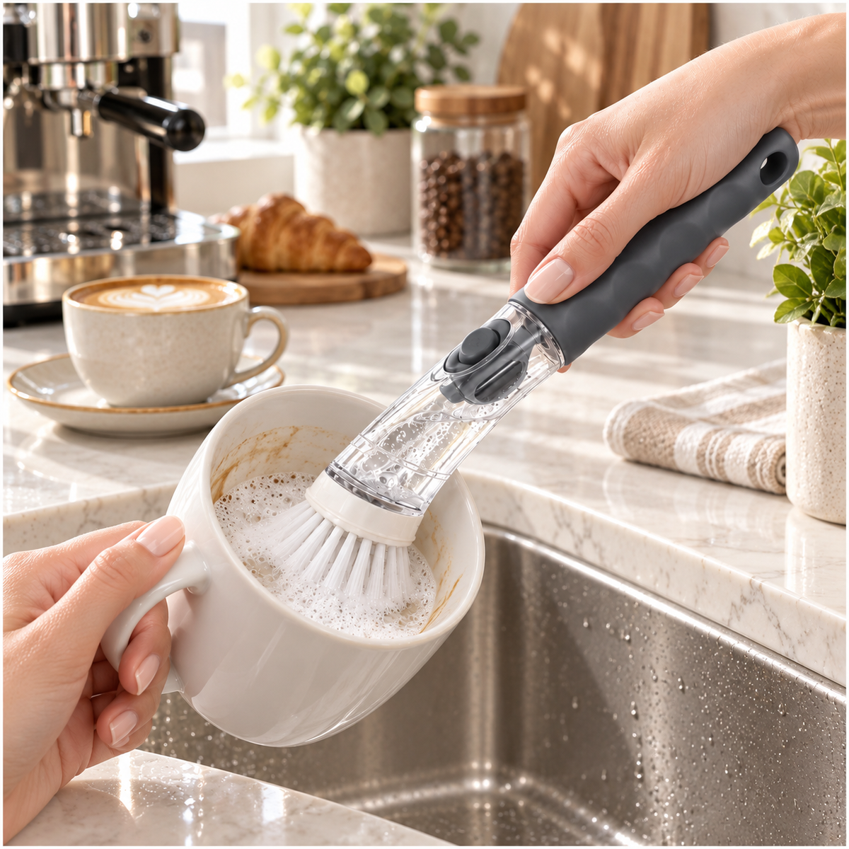 Essential Soap-Dispensing Dish Brush with Soft-Grip Handle – Grey
