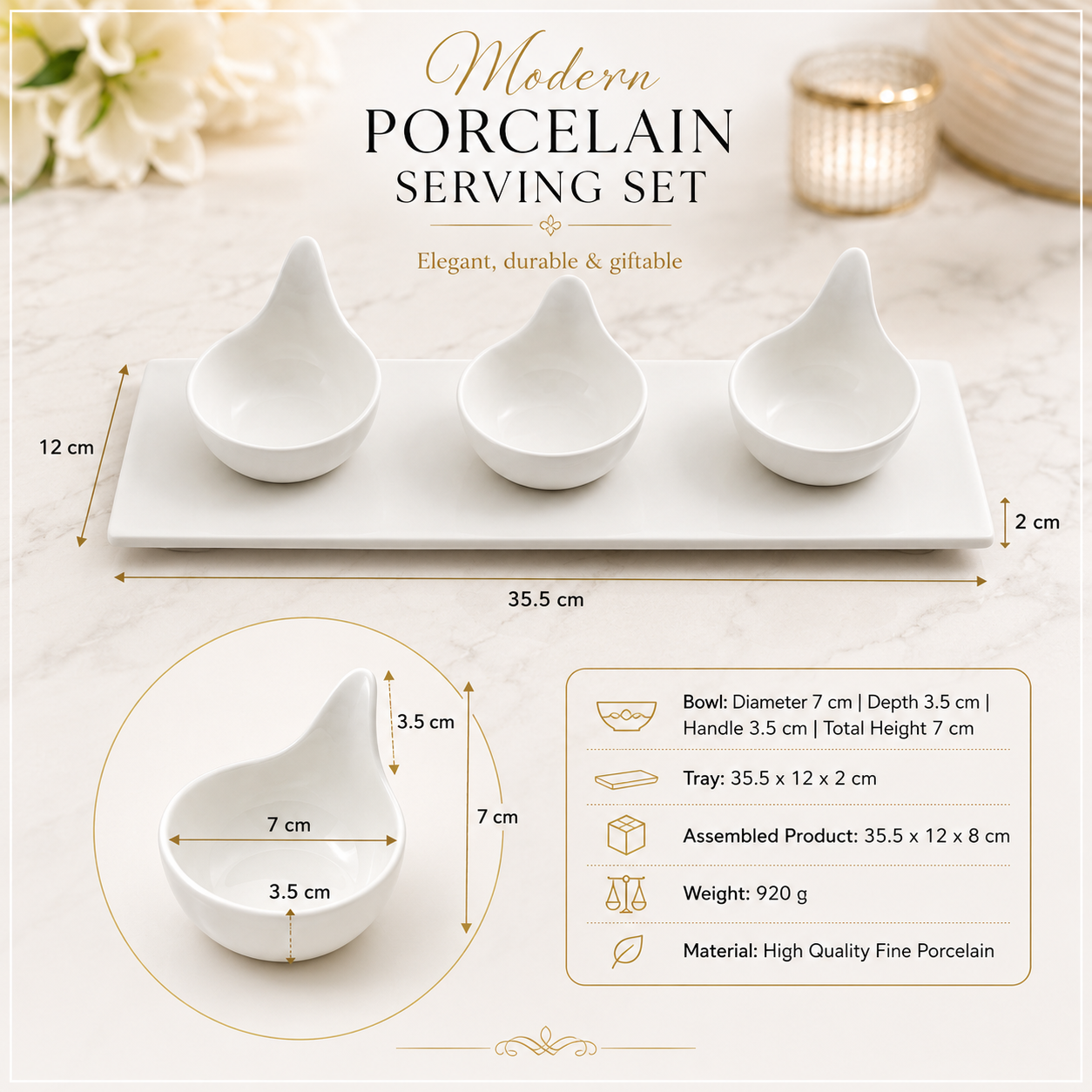 Luxury 3-Piece High Quality Fine Porcelain Serving Bowl and Tray Set- White