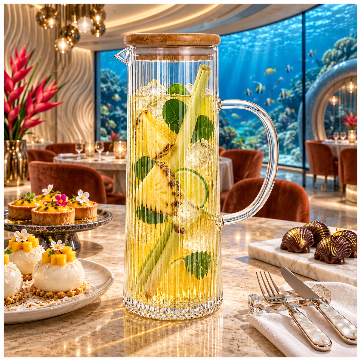 Elegant 1.2L Ribbed Crystal Glass Water Pitcher with Airtight Wooden Lid