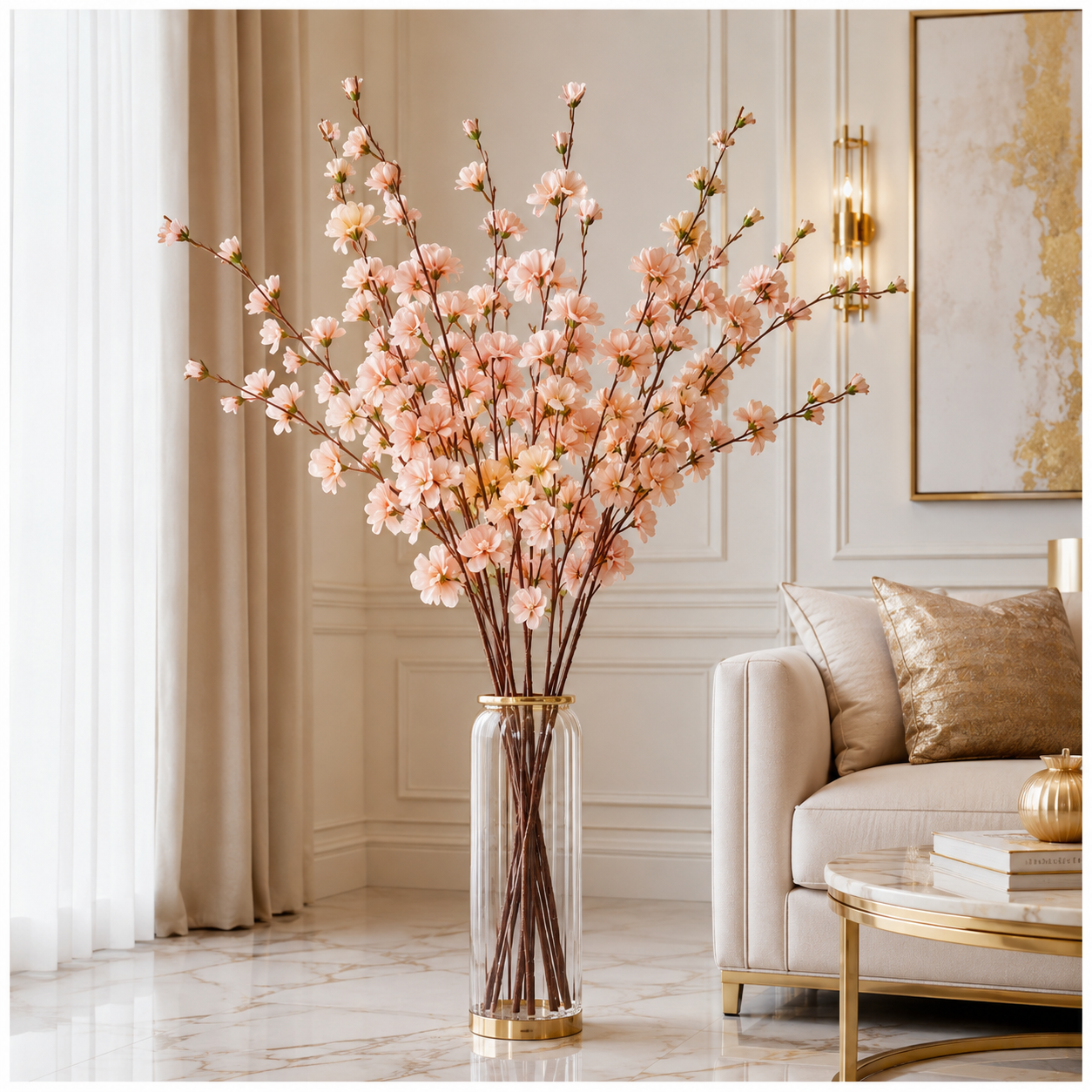 Elegant Faux 2 Cherry Blossom Stems - 85cm- White or Peach Floral Decor