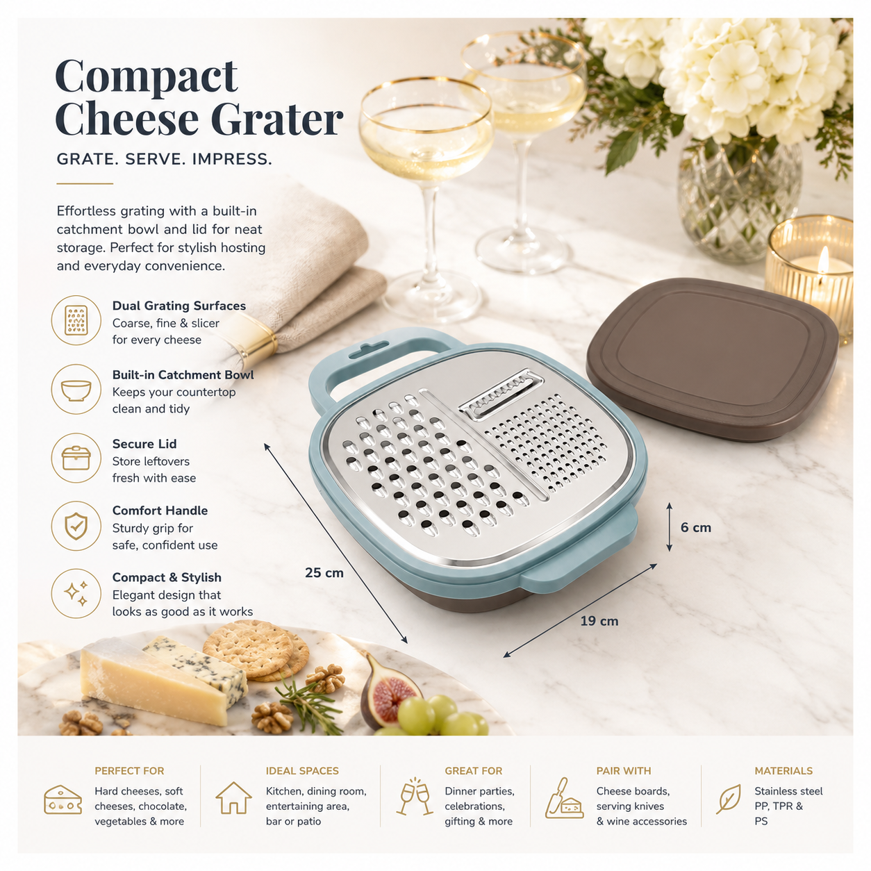 Essential 2-in-1 Stainless Steel Box Grater with Storage Container and Lid