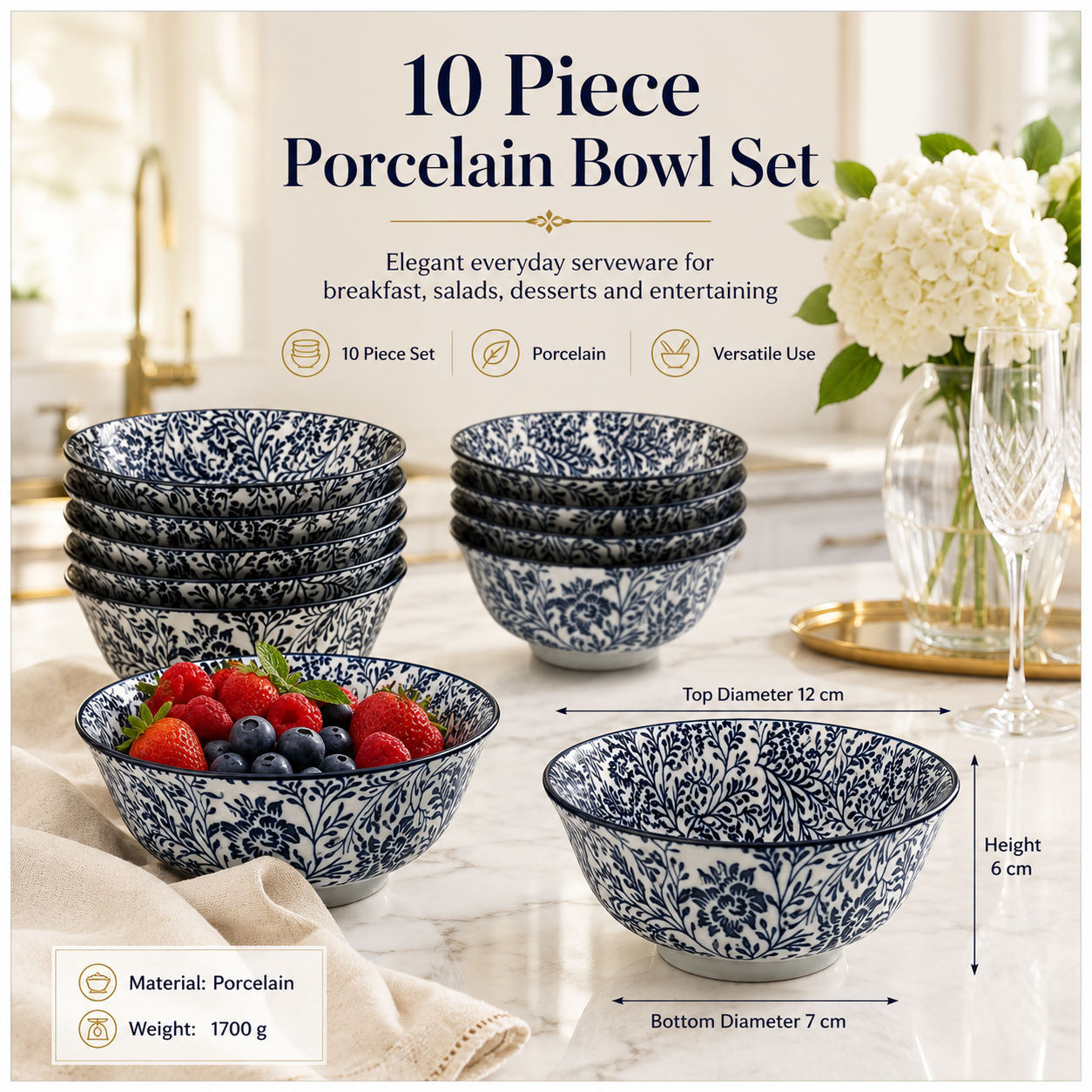 Elegant 10-Piece Blue White Porcelain Bowl Set - Beautiful Floral Serveware