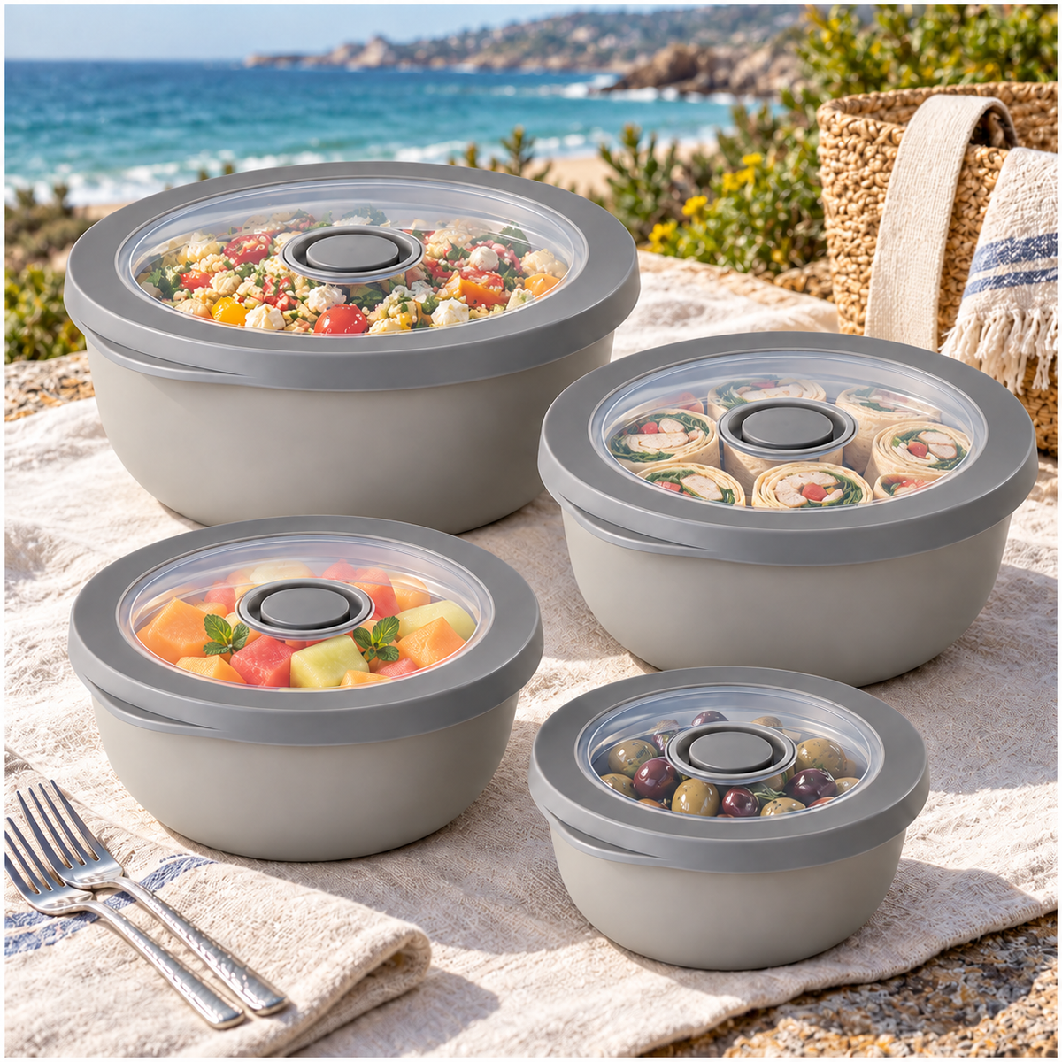 Airtight Round Food Storage Container Set of 4 – Grey, Clear Lids, BPA-Free